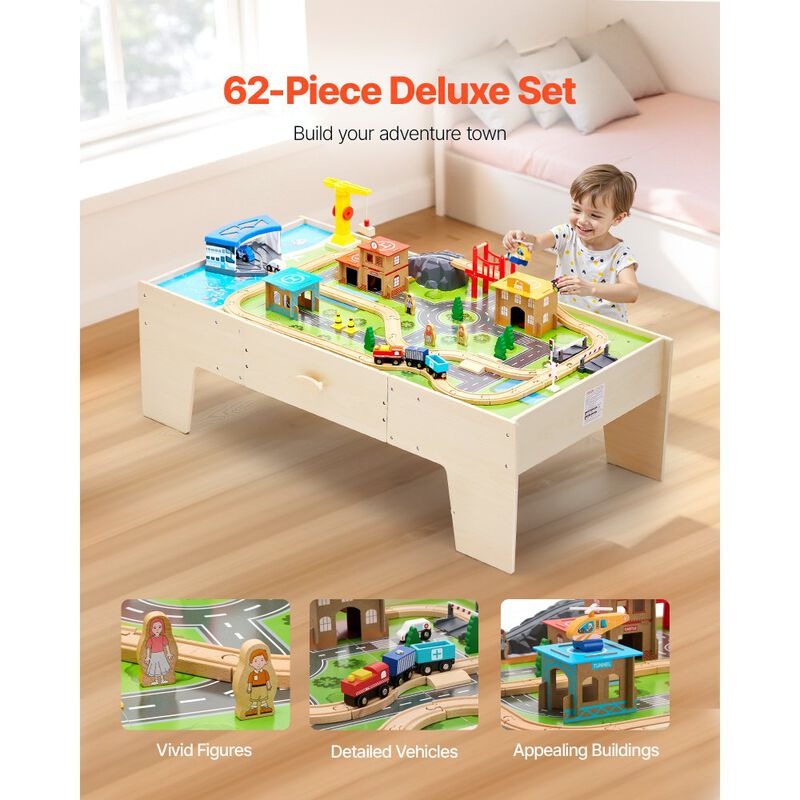 Kids Train Table with 62 Piece Wooden Train Set and Storage Drawer image number 6
