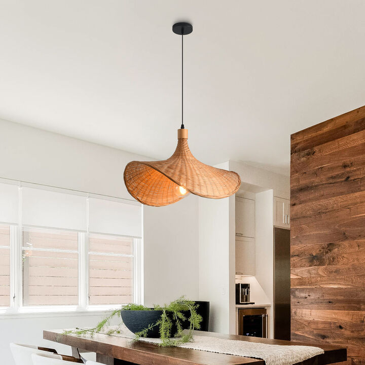 20.4" Farmhouse Hand Woven Bamboo Light Brown Straw Hat Pendant Light for Living Room, Dining Room and Kitchen Island