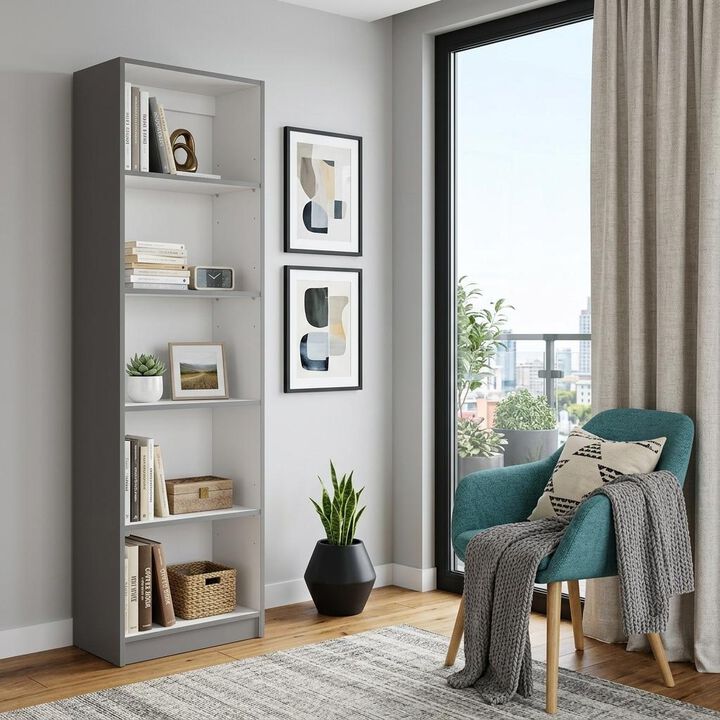 HomeRoots 71" Gray And White Wood Five Tier Bookcase