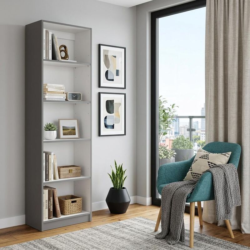 HomeRoots 71" Gray And White Wood Five Tier Bookcase image number 1