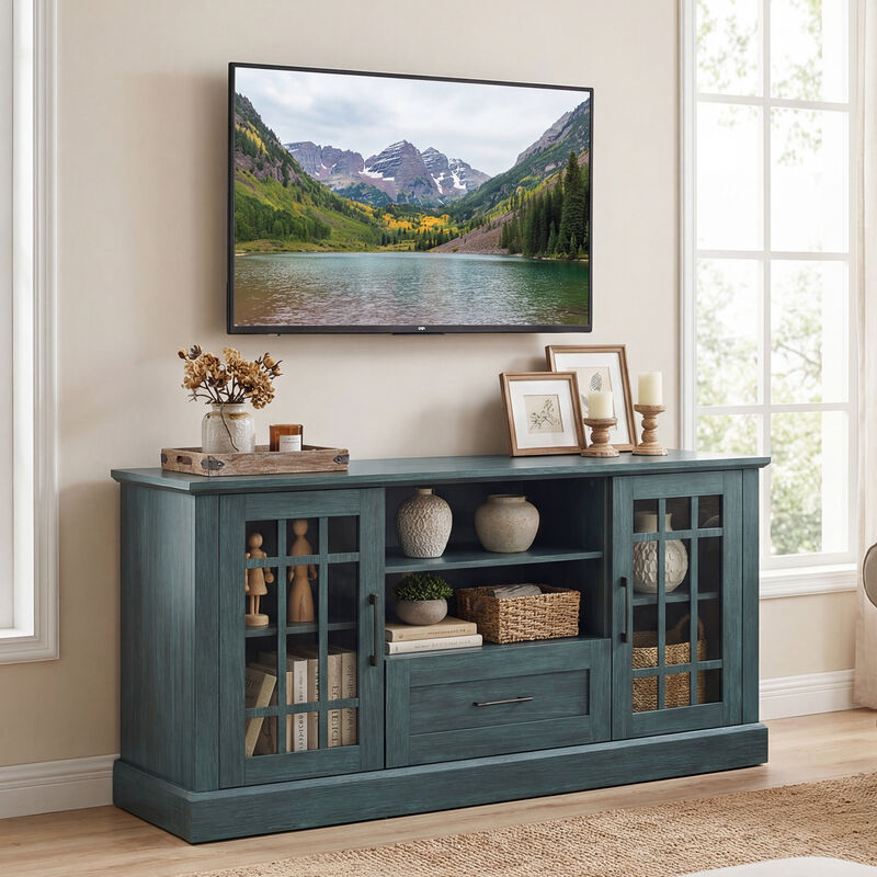 TV Console Stand with Glass Doors, Cubbies, and Storage Drawer image number 1