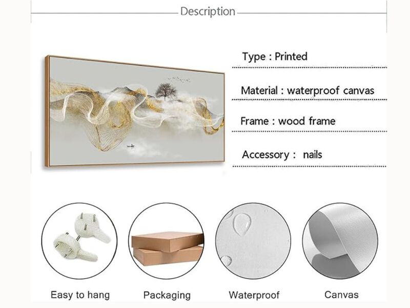 Modern Zen Landscape Canvas &ndash; 20x40" Framed Wall Art with Gold & White Lines for Living Room & Bedroom