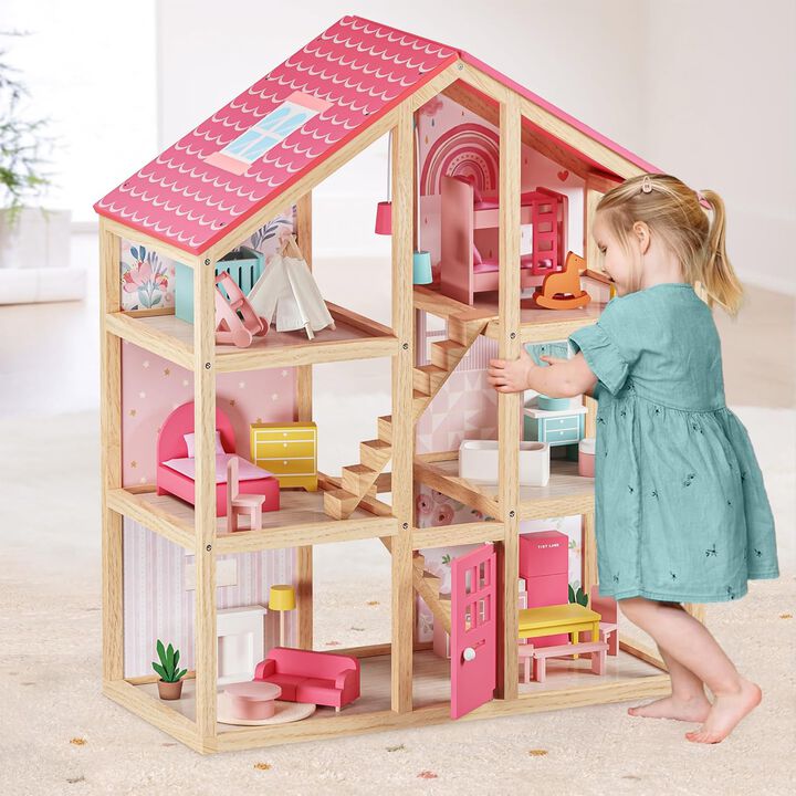 Wooden Dollhouse - 6 Rooms Wooden Doll House, DIY Pretend Doll House with 31Pcs Furniture Accessories, Creative Gift for Girl