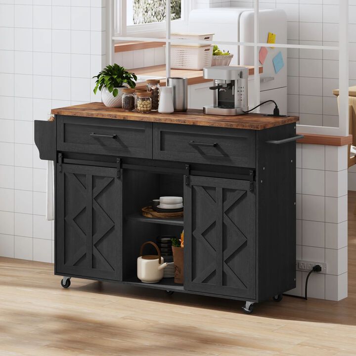Mobile Kitchen Island with Built-In Power Outlet and Sliding Barn Door-Black