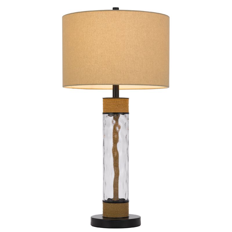 32 Inch Table Lamp, Rippled Glass Body with Rope, Burlap Shade, Metal Base image number 2
