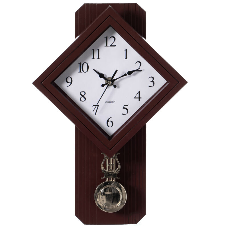 Wood-Look Pendulum Plastic Wall Clock, Farmhouse Decor for Living Room, Kitchen, or Dining Room, Silent Clock with Roman Numerals, Battery Powered, Large Decorative Wall Clock, Easy-to-Read, Brown