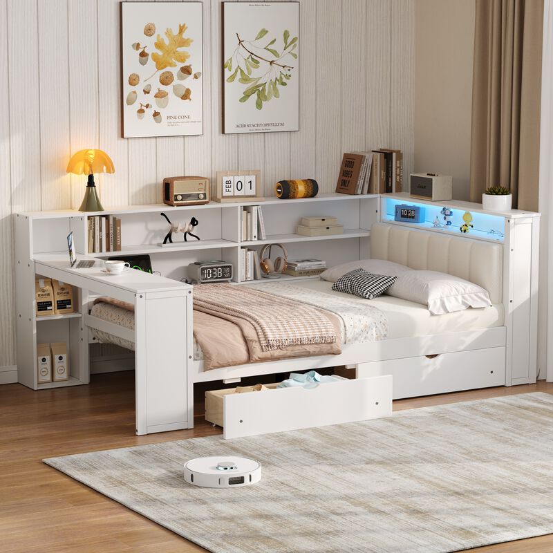 Merax Bed with Storage Shelves, Drawers, Charging Station, LED