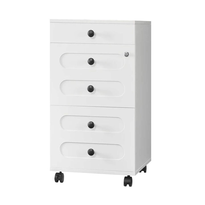 Farmhouse Rolling File Cabinet with Lock and 3 Storage Drawers-White