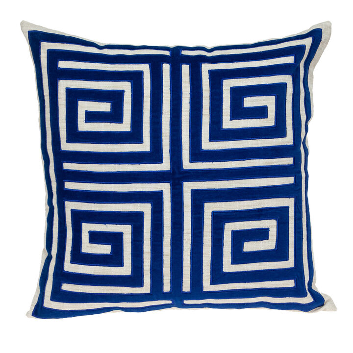 HomeRoots 22" Beige and Blue Poly Cotton Blend Throw Pillow with Embroidery and applique