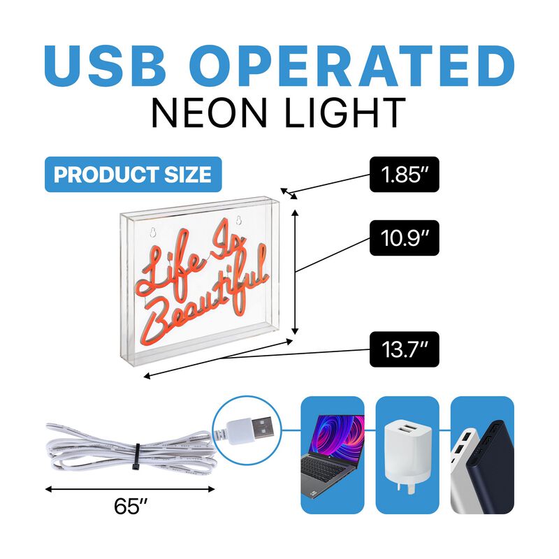 Life is Beautiful 13.7" X 10.9" Contemporary Glam Acrylic Box USB Operated LED Neon Light