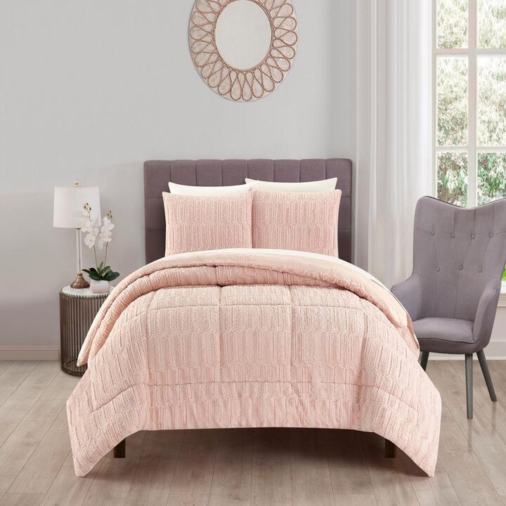 Chic Home Pacifica Comforter Set Textured Geometric Pattern Faux Rabbit Fur Micro-Mink Backing Bed In A Bag Bedding - Sheets Pillowcases Pillow Shams Included - 7 Piece - King 104x92", Blush