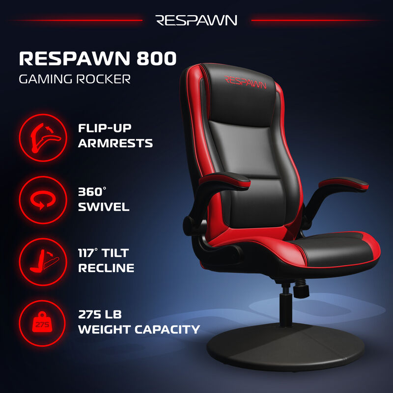 RESPAWN 800 Swivel Rocker Gaming Chair - Ergonomic Floor Gaming Seat with Lumbar Support, Flip Up Armrest, High Back, Pedestal Base, Comfortable No Wheels Console Video Game Rocker Chair