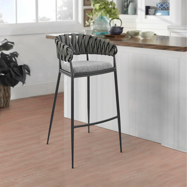 Viji 26 Inch Counter Stool Chair, Gray Faux Leather Fabric Back, Black Iron