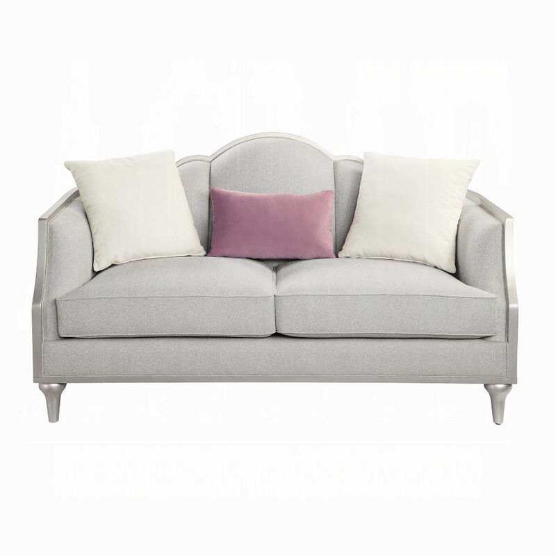 Kyna Loveseat, 3 Pillows, 66 Inch Champagne Wood Frame and Beige Linen - Benzara - Benzara image number 1