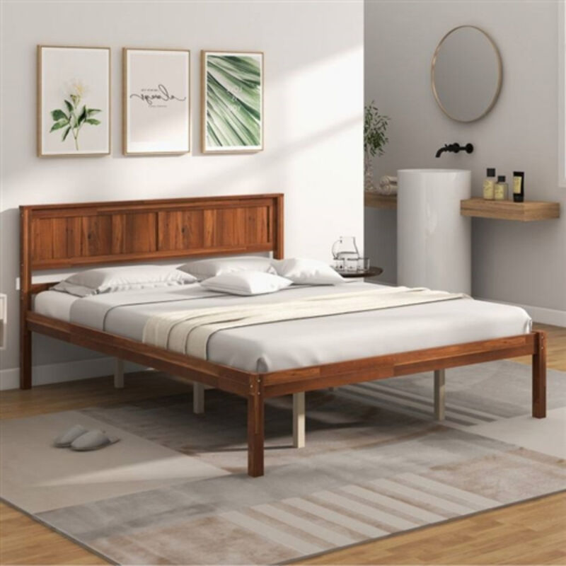Retro Wood Platform Bed Frame with Headboard – Stylish and Durable Bedroom Design