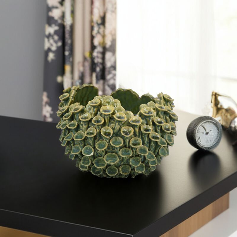 Nina Decorative Bowl, Textured Green Ceramic, Abstract Coral, 11 Inch - Benzara