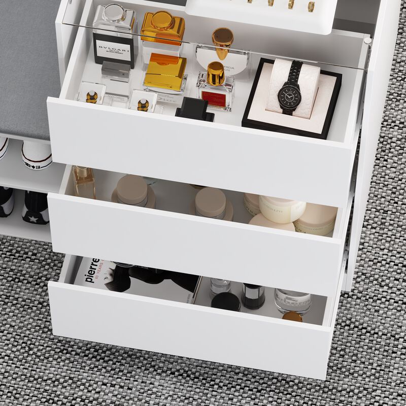 Armoire Bedroom Island Wardrobe Closet Island with 9 Drawers & Glass Tabletop, Island Dresser with Cushion Bench, Closet Island for Bedroom Cloakroom White (47.2&rdquo;W x 27.5&rdquo;W x 31.5&rdquo;H) image number 7