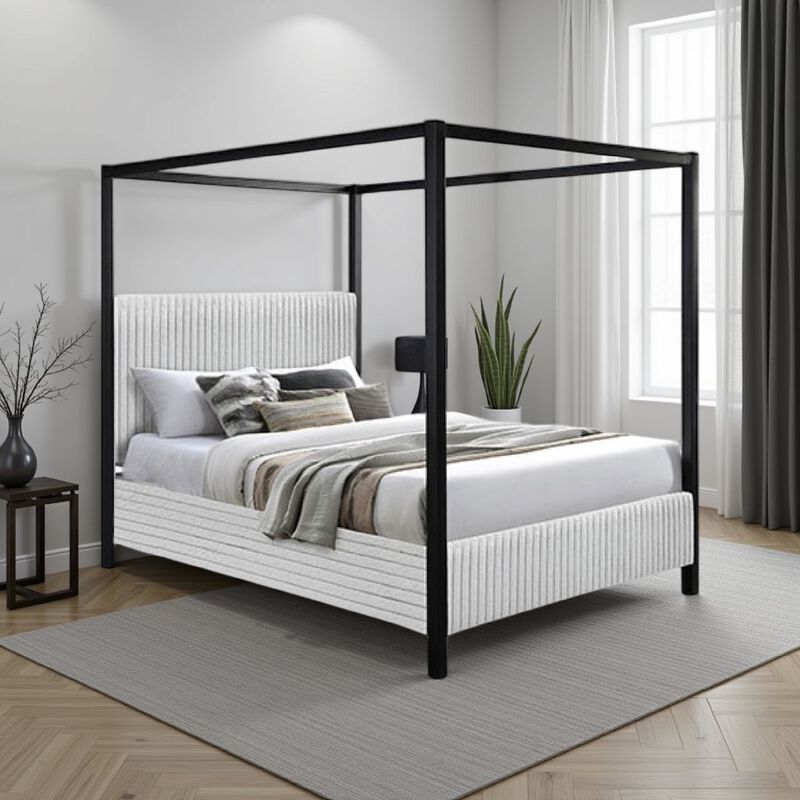 Keri Queen Canopy Bed, Black Slatted Wood Frame, White Upholstery