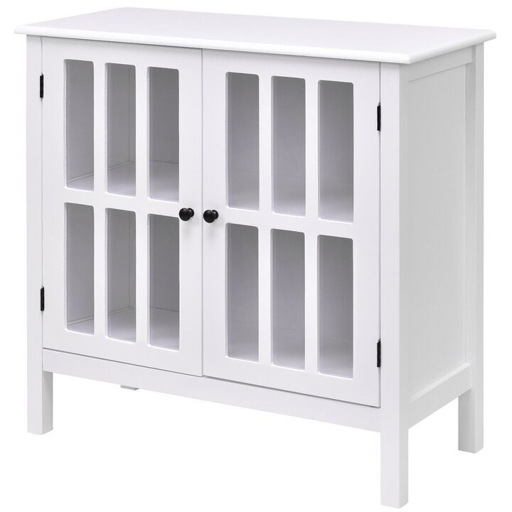 QuikFurn White Wood Sideboard Buffet Cabinet with Glass Panel Doors