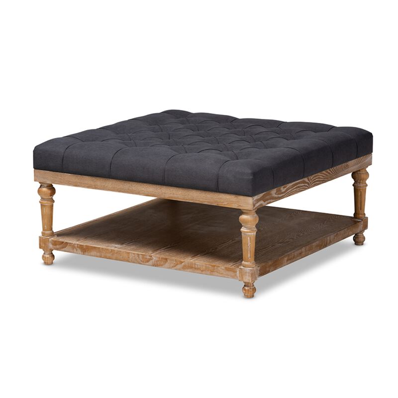 Baxton Studio Kelly Modern and Rustic Charcoal Linen Fabric Upholstered and Greywashed Wood Cocktail Ottoman
