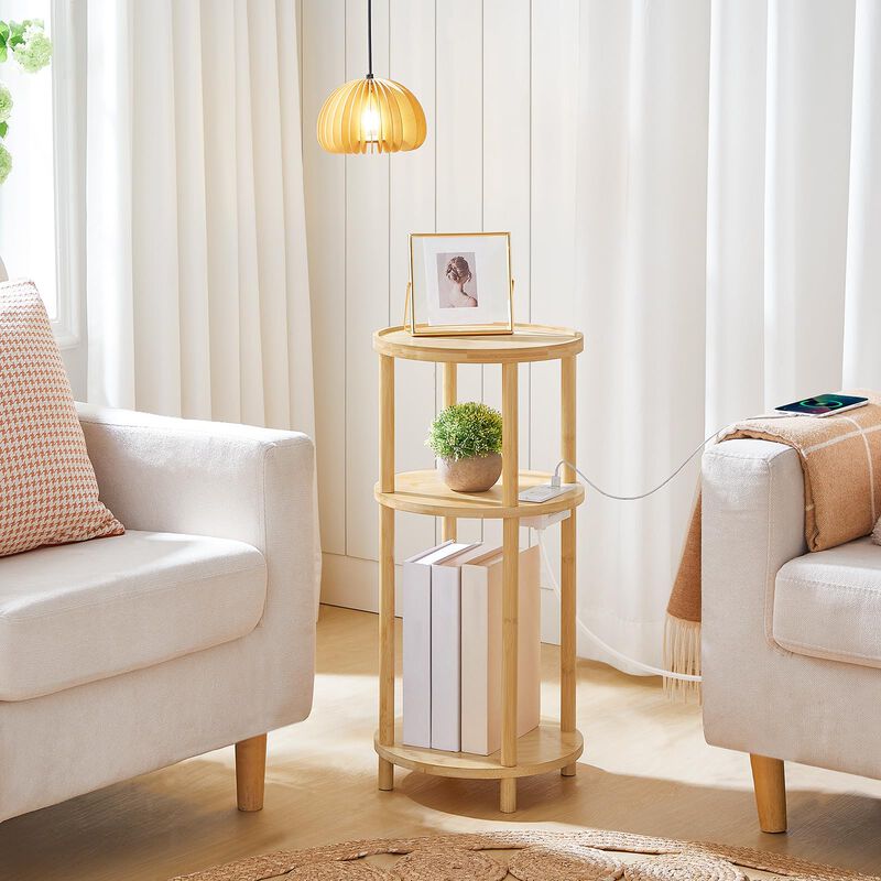 HOOBRO Small Round Side Table with Charging Station, 3-Tier Round Bamboo End Table, Compact Sofa Bedside Table for Small Space,