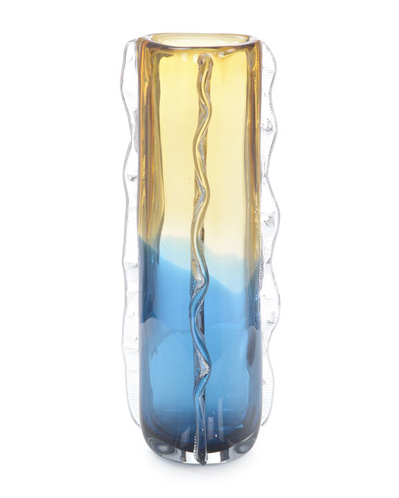 Blue and Yellow Rippled Handblown Glass Vase I