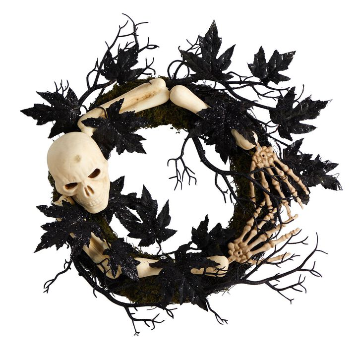Nearly Natural 24-in Halloween Skull and Bones Wreath