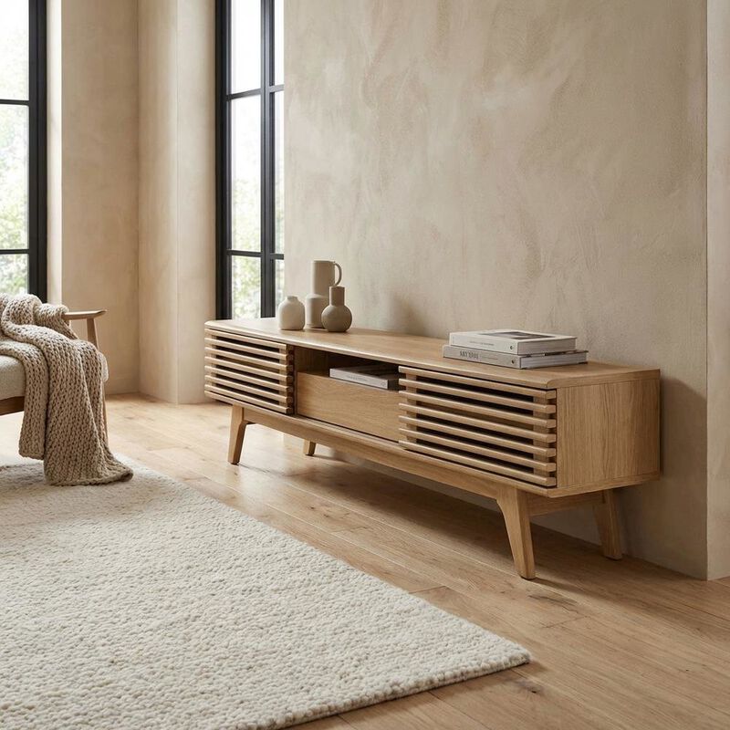 Wooden brown TV stand with spacious surface and modern design image number 4