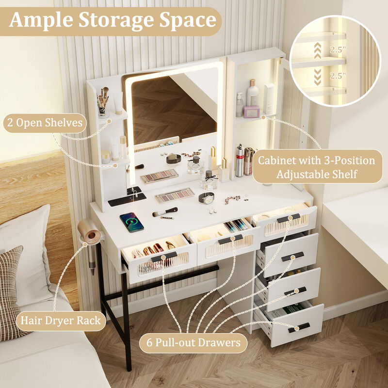 Makeup Vanity Desk with 3-Color Induction LED Lights and 6 Drawers-White