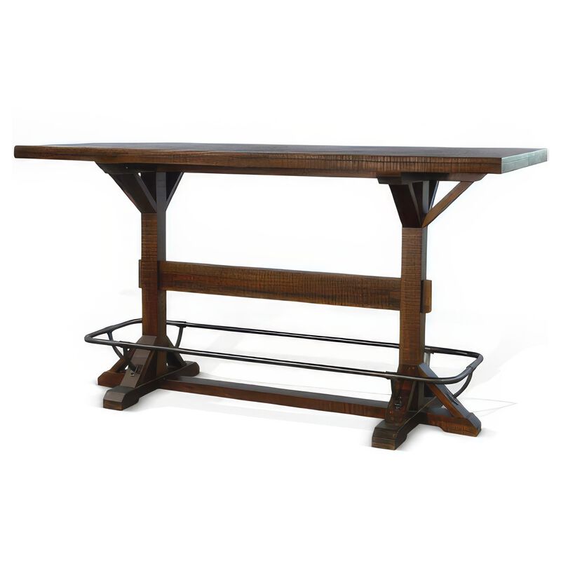 Flint Pub Bar Table, Black Metal Foot Rail, 78 Inch, Dark Brown Wood