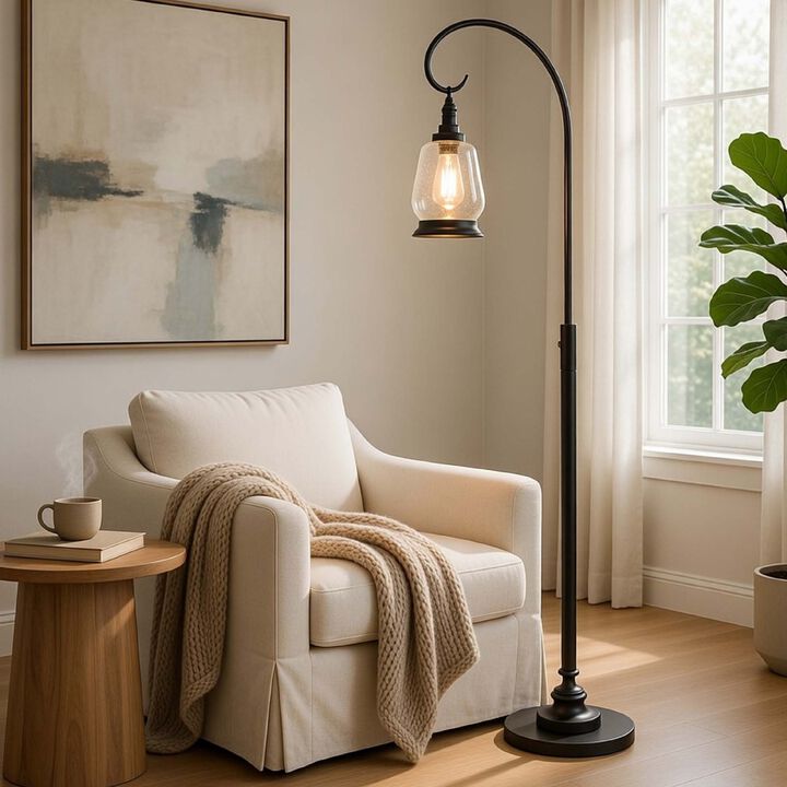 Jerry Classic Lantern Floor Lamp, Bubble Glass Shade, Dark Bronze Metal