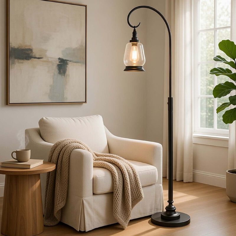 Jerry Classic Lantern Floor Lamp, Bubble Glass Shade, Dark Bronze Metal image number 1