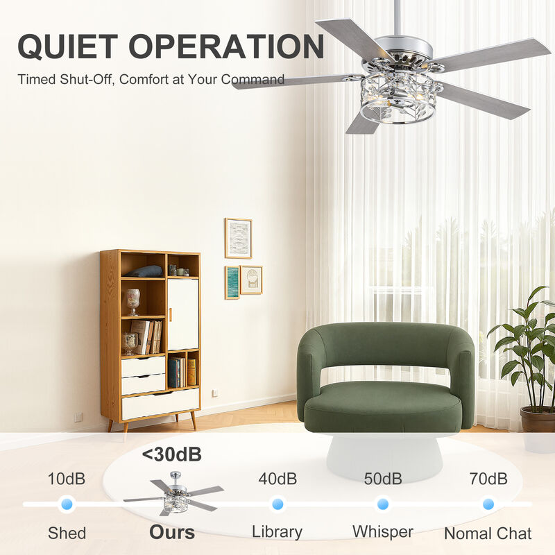 Breezary 52" Ceiling Fan with Crystal Light, 5 Blade,6 Speed, Remote image number 3