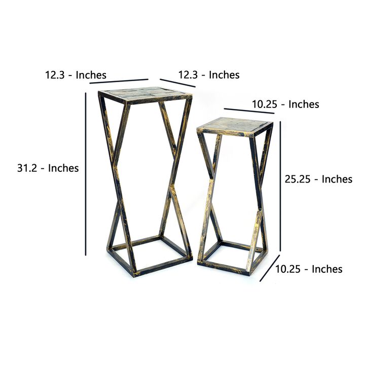 Stone Top Plant Stand with Geometric Base, Set of 2, Black and Gray-Benzara