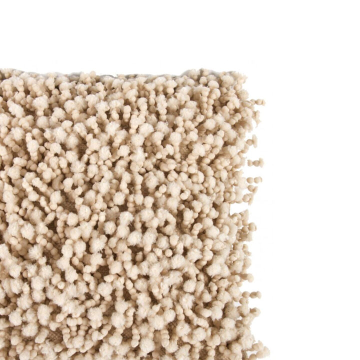 Fabric Accent Pillow with Shaggy Details, Cream - Benzara