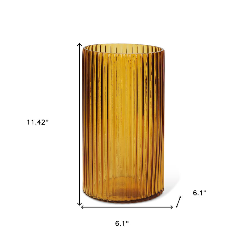 HomeRoots 11" Amber Glass Ribbed Cylinder Table Vase image number 3