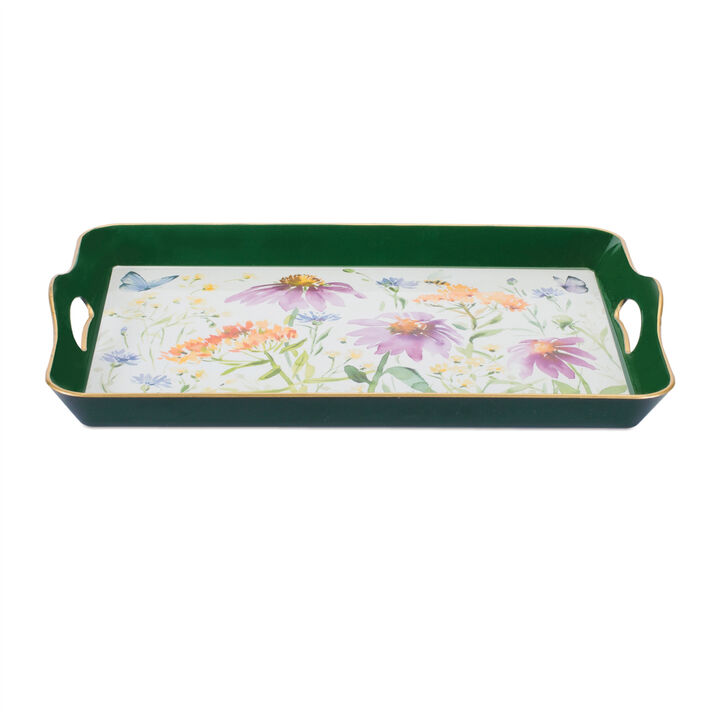 HomeRoots 17" Green And White Watercolor Floral Serving Tray With Handles