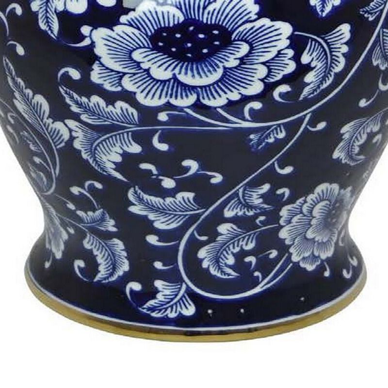 Sen 18 Inch Ceramic Temple Jar with Lid, Blue and White Floral Design, Gold - Benzara