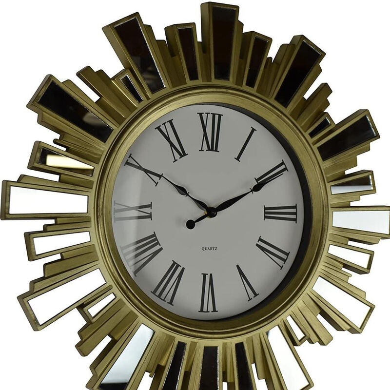 HomeRoots 19" Gold And Clear Mirrored Glass And Heavy Duty Plastic Silent Analog Sunburst Wall Clock image number 2