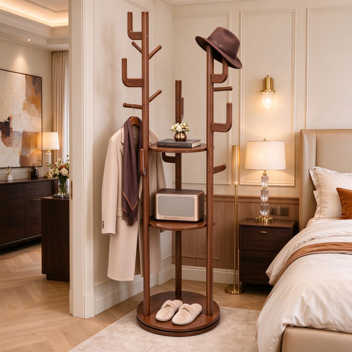 Solid Rubberwood Rotating Coat Rack with 3 Shelves and 9 Hooks, Walnut Coat Tree