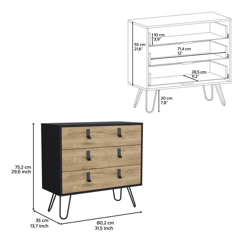 3-Drawer Dresser, Modern Chest of Drawers with Hairpin Legs and Metal Accents