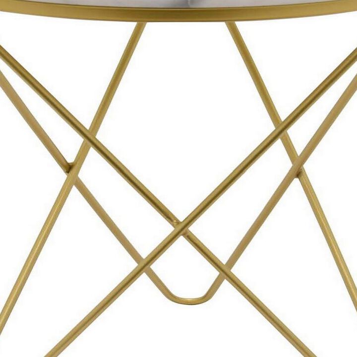 24 Inch Modern Plant Stand Side Table, Round Marble Display, Gold Metal - Benzara