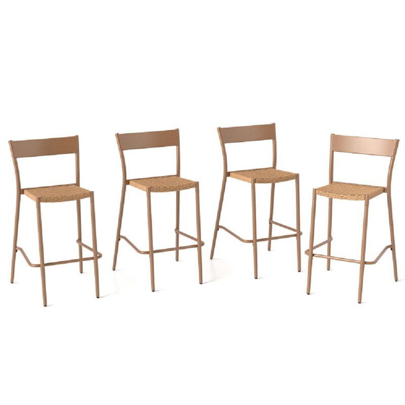 All-Weather Patio Barstools Set of 4 – Woven Rattan Seats & Metal Backs for Outdoor Use