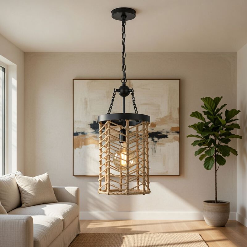 Pendant Light, Cylindric Caged Body with Braided Burlap Rope, Black Metal image number 1