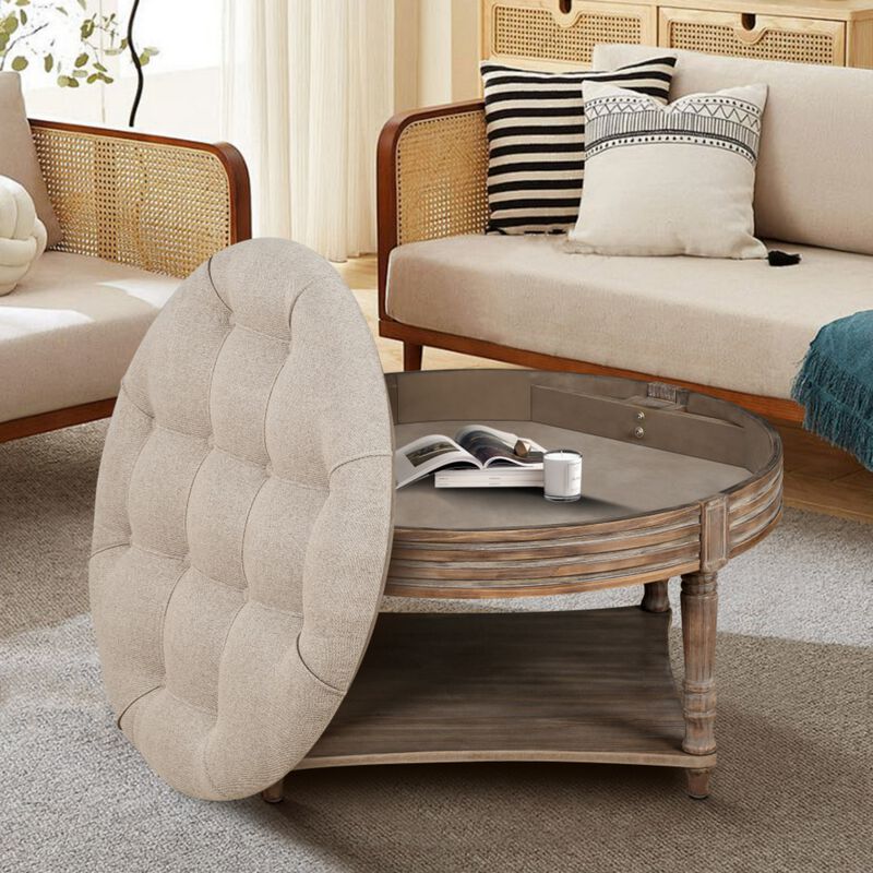 Plozup Large Round Tufted Linen Upholstered Ottoman Coffee Table image number 2