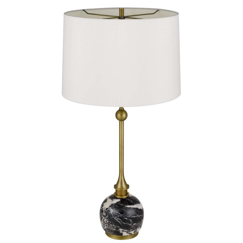 Table Lamp, White Drum Shade, Slim Brass Neck, Swirled Black Marble 29 Inch image number 3