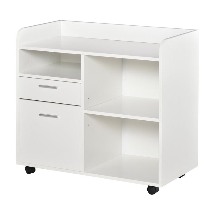 White Mobile Printer Stand: Filing cabinet with ample inner storage space, featuring four easy-rolling wheels for multipurpose use.