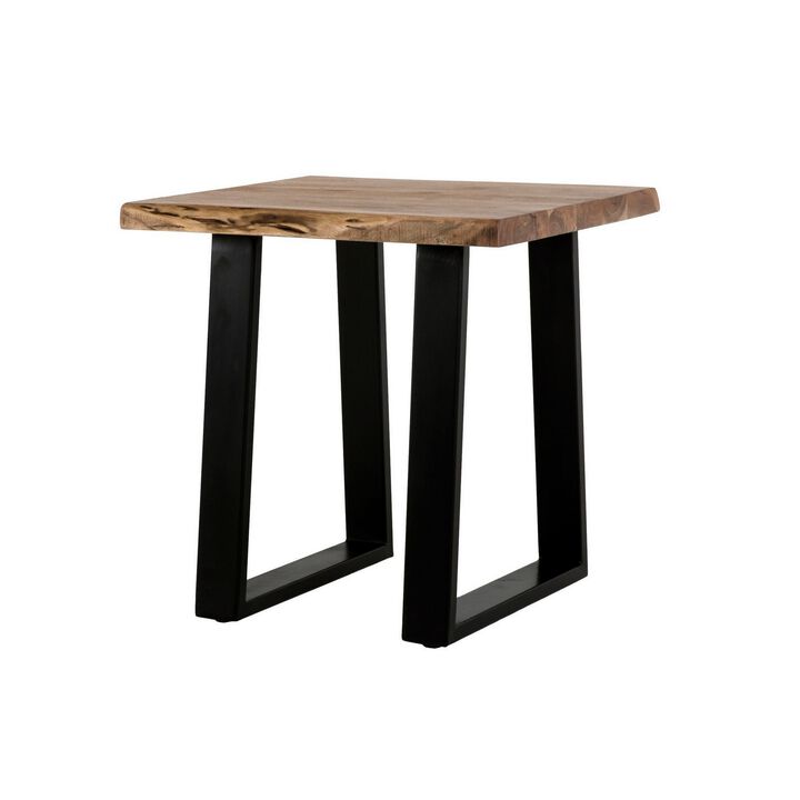 24 Inch End Table, Rustic Style, Brown Acacia Wood Top, Tall Metal Base-Benzara