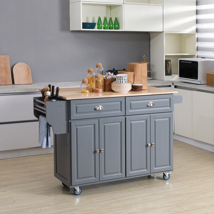 Dark Gray Kitchen Helper: Utility Cart with Drop-Leaf & Rubber Wood Top