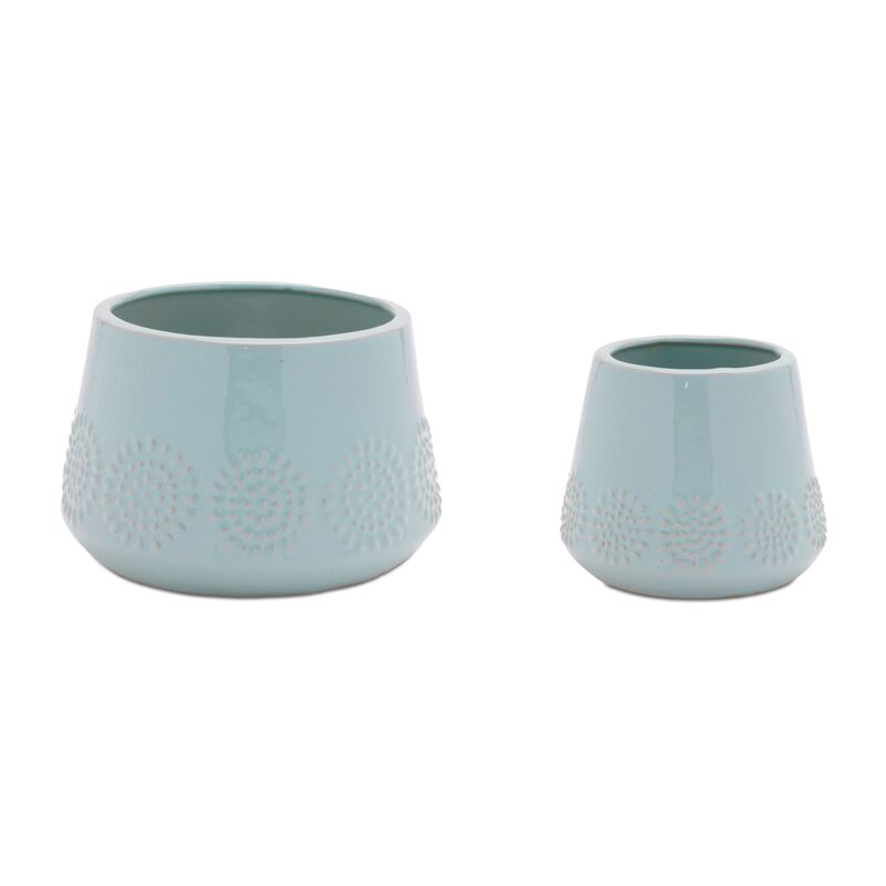 Set of 2 Ceramic Planters with Starburst Pattern for Indoor or Outdoor Decor